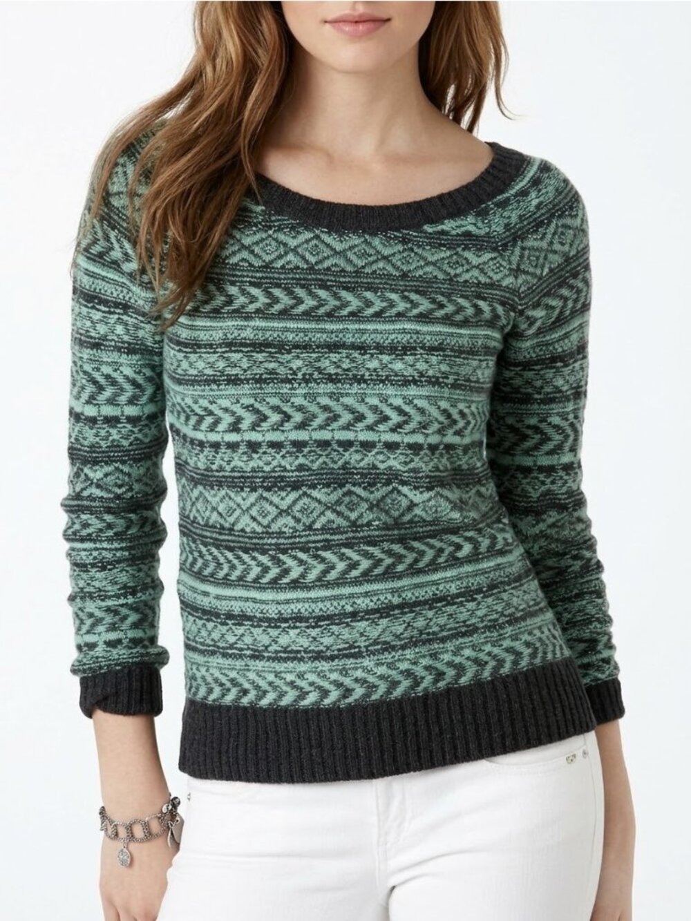 NWT American Eagle Outfitters Fair Isle Crew Neck Mint Green & Gray Sweater S